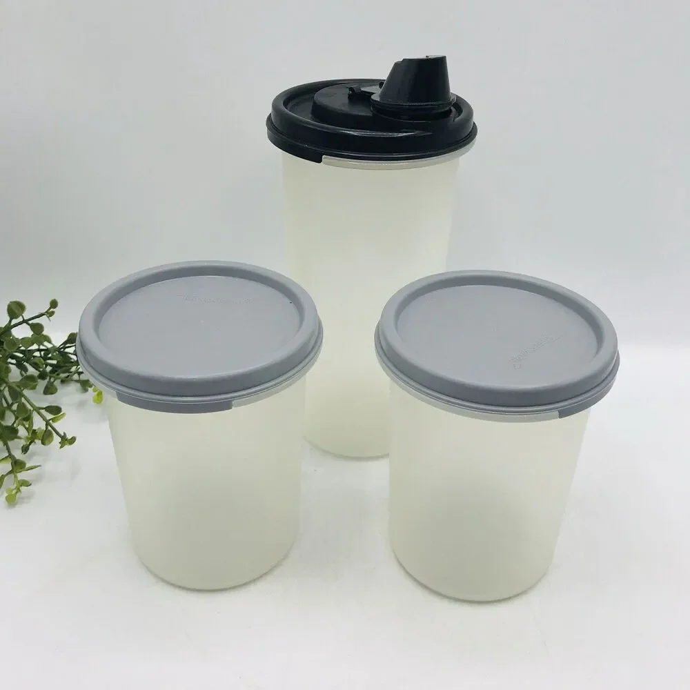 Tupperware 3 Pc Assorted Shake and Pour Bottle, 2 Small Round Gray Black
